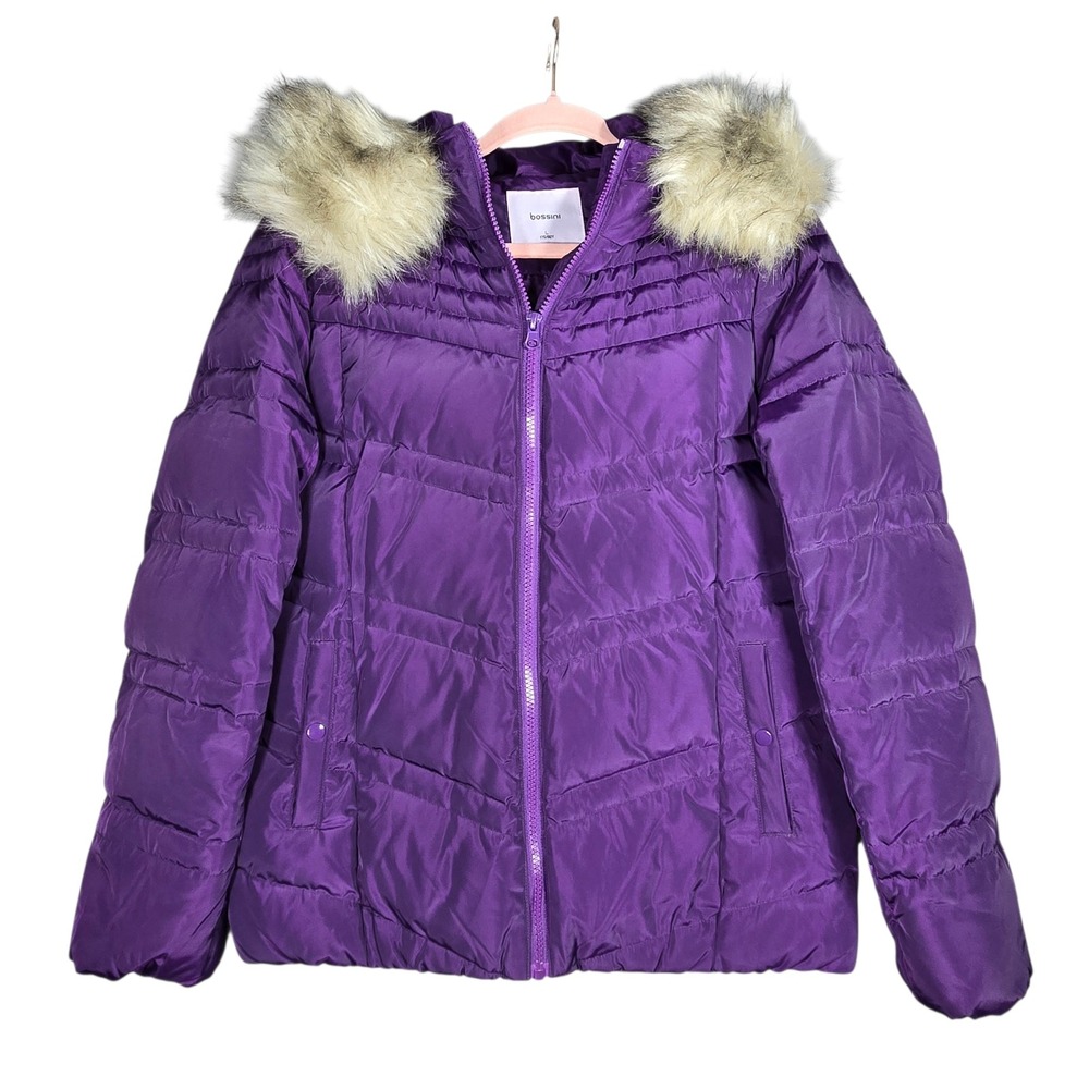 Bossini Down Puffer Jacket Womens Large Purple Faux Fur Hooded Winter Coat Cozy